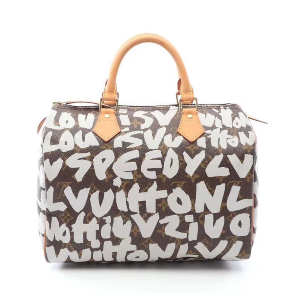 Louis Vuitton Speedy Top Handle Bag Canvas Leather Monogram Graffiti White Brown
